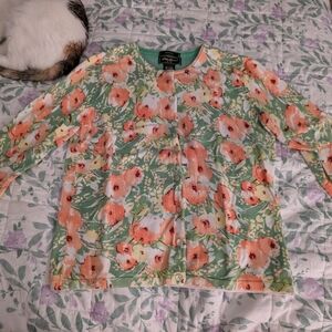 Eddie Bauer Size Medium Green, Pink, Yellow, And White Floral Button Up Sweater